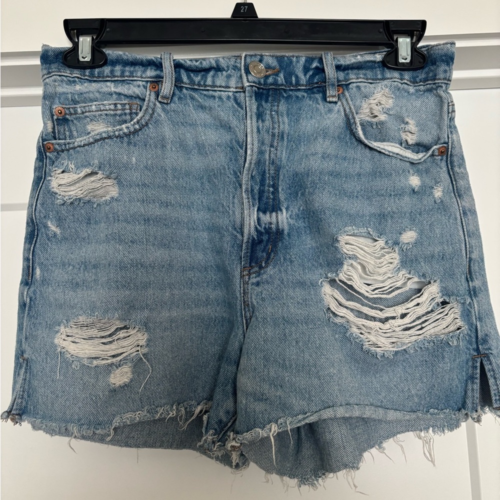 Blue Distressed Jean Shorts with Frayed Hem
